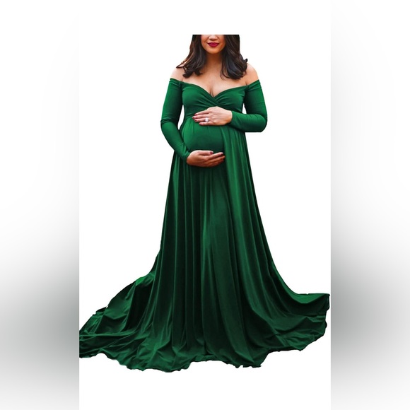 Green Maternity Off Shoulder Gown for Baby Shower or Photo Shoot - Picture 8 of 8